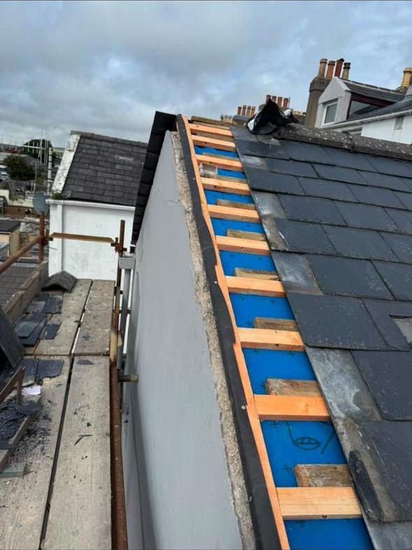 Gable verge with new underlay and battens ready for slate